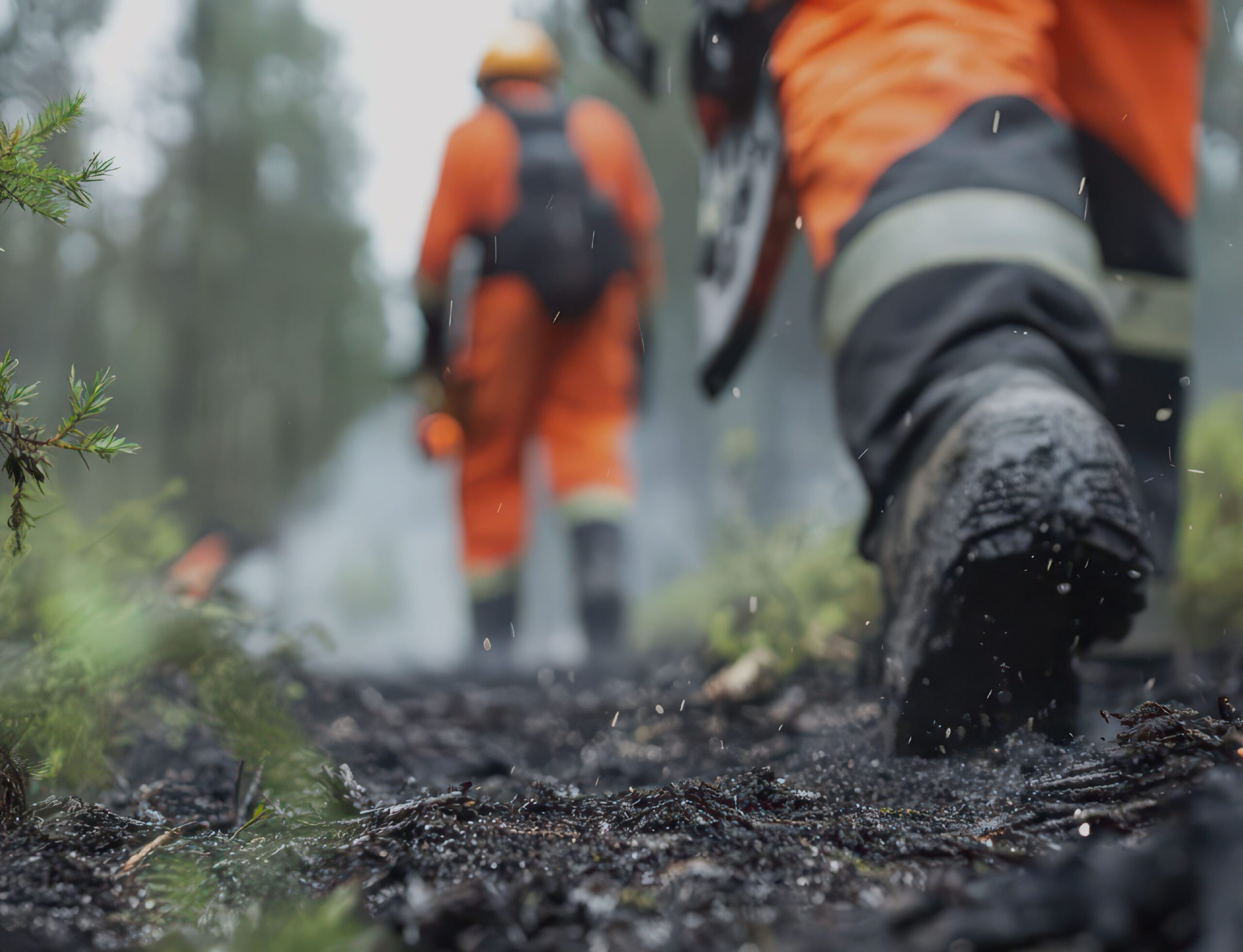 Wildfire fighter walking on forest terrain