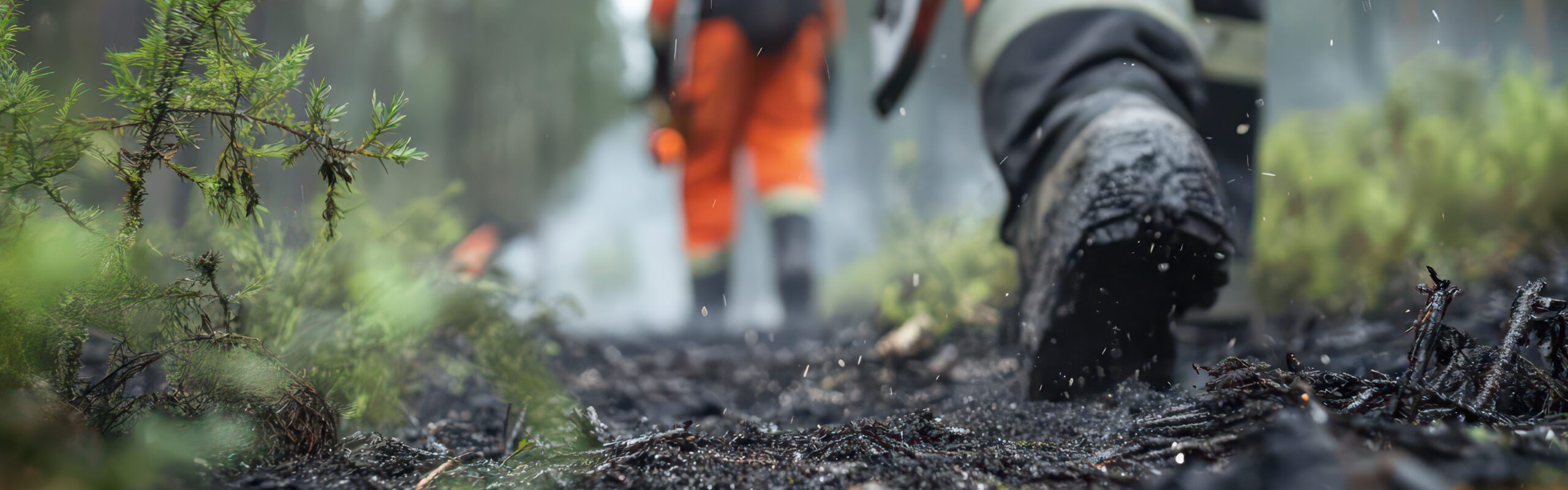 Wildfire fighter walking on forest terrain