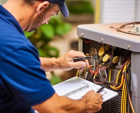 HVAC technician on a fall service check