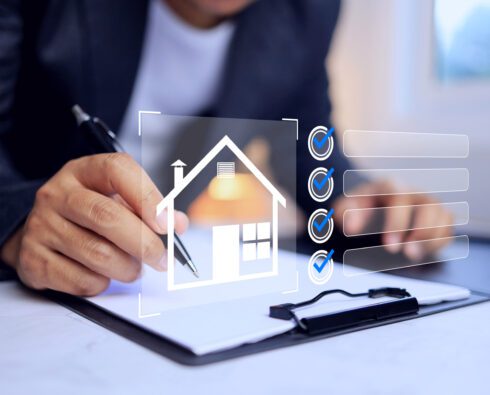 HVAC technician writing on checklist with digital overlay of a home