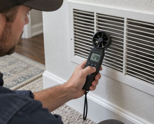HVAC tech measuring airflow